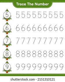 Tragen Sie die Nummer ein. Nummer der Begleitung mit Weihnachtsbaum. Kinderspiel, druckbares Arbeitsblatt, Vektorgrafik