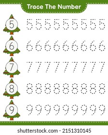 Rastrear el número. Número de seguimiento con árbol de Navidad. Juego infantil educativo, hoja de cálculo imprimible, ilustración vectorial