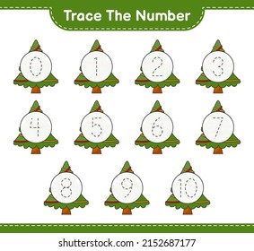 Trace the number. Tracing number with Christmas Tree. Educational children game, printable worksheet, vector illustration