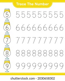 Trace the number. Tracing number with Cocktail. Educational children game, printable worksheet, vector illustration