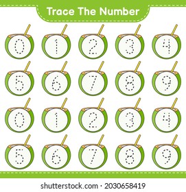 Trace the number. Tracing number with Coconut. Educational children game, printable worksheet, vector illustration