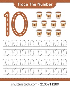 Trace the number. Tracing number with Coffee Cup. Educational children game, printable worksheet, vector illustration