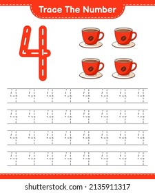 Rastrear el número. Número de seguimiento con la Copa de Café. Juego infantil educativo, hoja de cálculo imprimible, ilustración vectorial