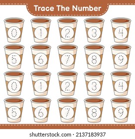 Rastrear el número. Número de seguimiento con la Copa de Café. Juego infantil educativo, hoja de cálculo imprimible, ilustración vectorial