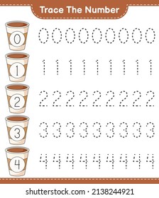 Trace the number. Tracing number with Coffee Cup. Educational children game, printable worksheet, vector illustration