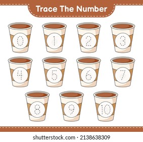 Trace the number. Tracing number with Coffee Cup. Educational children game, printable worksheet, vector illustration