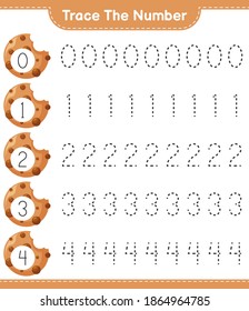 Rastrear el número. Número de seguimiento con cookies. Juego infantil educativo, hoja de cálculo imprimible, ilustración vectorial