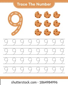 Trace the number. Tracing number with Cookies. Educational children game, printable worksheet, vector illustration