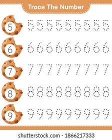 Trace the number. Tracing number with Cookies. Educational children game, printable worksheet, vector illustration