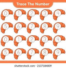 Trace the number. Tracing number with Croissant. Educational children game, printable worksheet, vector illustration