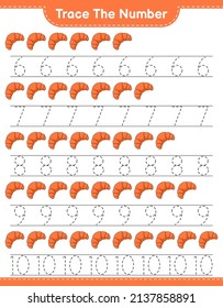 Trace the number. Tracing number with Croissant. Educational children game, printable worksheet, vector illustration