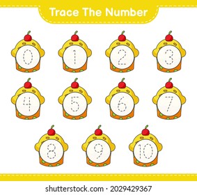 Trace the number. Tracing number with Cup Cake. Educational children game, printable worksheet, vector illustration
