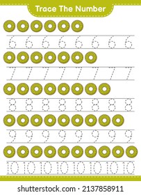 Rastrear el número. Número de seguimiento con Donut. Juego infantil educativo, hoja de cálculo imprimible, ilustración vectorial