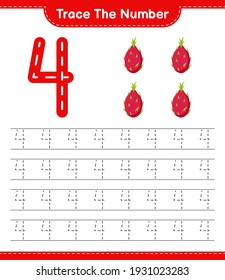 Trace the number. Tracing number with Dragon Fruit. Educational children game, printable worksheet, vector illustration