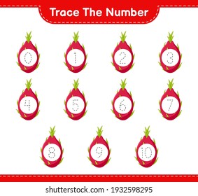 Trace the number. Tracing number with Dragon Fruit. Educational children game, printable worksheet, vector illustration