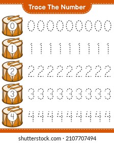 Trace the number. Tracing number with Drum. Educational children game, printable worksheet, vector illustration