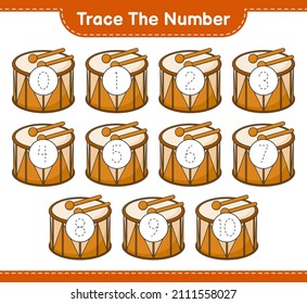 Trace the number. Tracing number with Drum. Educational children game, printable worksheet, vector illustration