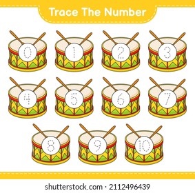 Trace the number. Tracing number with Drum. Educational children game, printable worksheet, vector illustration