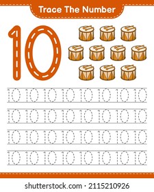 Rastrear el número. Número de seguimiento con Drum. Juego infantil educativo, hoja de cálculo imprimible, ilustración vectorial