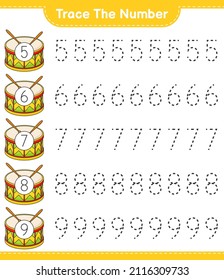 Trace the number. Tracing number with Drum. Educational children game, printable worksheet, vector illustration