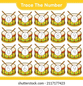 Trace the number. Tracing number with Drum. Educational children game, printable worksheet, vector illustration