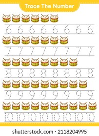 Trace the number. Tracing number with Drum. Educational children game, printable worksheet, vector illustration