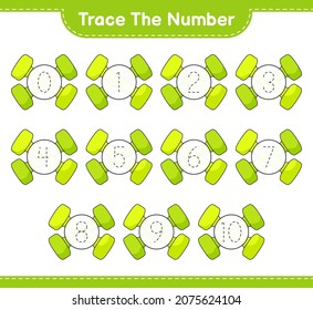 Rastrear el número. Número de seguimiento con Dumbbell. Juego infantil educativo, hoja de cálculo imprimible, ilustración vectorial