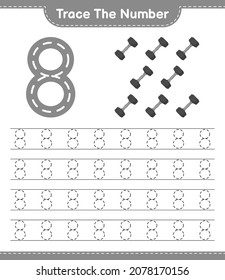 Trace the number. Tracing number with Dumbbell. Educational children game, printable worksheet, vector illustration