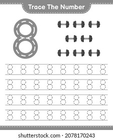 Trace the number. Tracing number with Dumbbell. Educational children game, printable worksheet, vector illustration