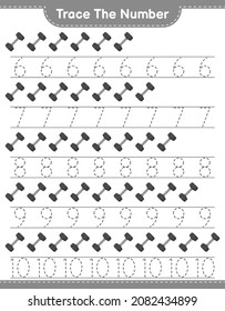 Trace the number. Tracing number with Dumbbell. Educational children game, printable worksheet, vector illustration