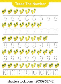 Trace the number. Tracing number with Flip Flop. Educational children game, printable worksheet, vector illustration