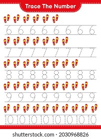 Trace the number. Tracing number with Flip Flop. Educational children game, printable worksheet, vector illustration