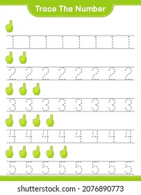 Trace the number. Tracing number with Foam Finger. Educational children game, printable worksheet, vector illustration