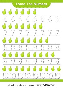 Trace the number. Tracing number with Foam Finger. Educational children game, printable worksheet, vector illustration