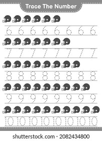 Trace the number. Tracing number with Football Helmet. Educational children game, printable worksheet, vector illustration