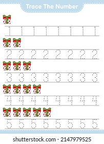 Trace the number. Tracing number with Gift Box. Educational children game, printable worksheet, vector illustration