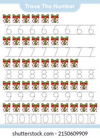 Rastrear el número. Número de seguimiento con caja de regalo. Juego infantil educativo, hoja de cálculo imprimible, ilustración vectorial