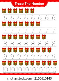 Trace the number. Tracing number with Gift Box. Educational children game, printable worksheet, vector illustration