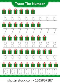 Trace the number. Tracing number with Gift Boxes. Educational children game, printable worksheet, vector illustration