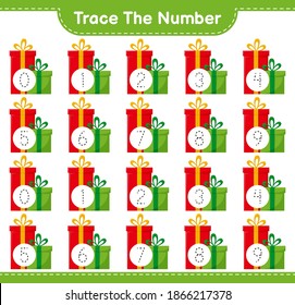 Trace the number. Tracing number with Gift Boxes. Educational children game, printable worksheet, vector illustration
