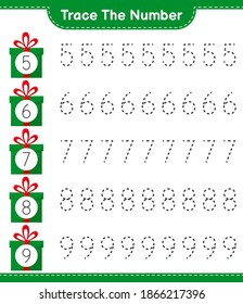 Trace the number. Tracing number with Gift Boxes. Educational children game, printable worksheet, vector illustration