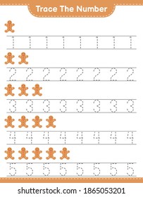 Trace the number. Tracing number with Gingerbread Man. Educational children game, printable worksheet, vector illustration