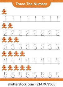 Rastrear el número. Número de seguimiento con Gingerbread Man. Juego infantil educativo, hoja de cálculo imprimible, ilustración vectorial