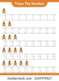 Trace the number. Tracing number with Gingerbread Man. Educational children game, printable worksheet, vector illustration