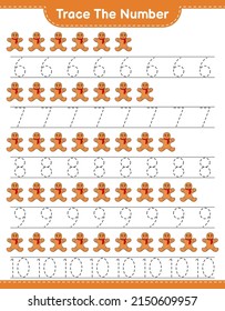 Rastrear el número. Número de seguimiento con Gingerbread Man. Juego infantil educativo, hoja de cálculo imprimible, ilustración vectorial