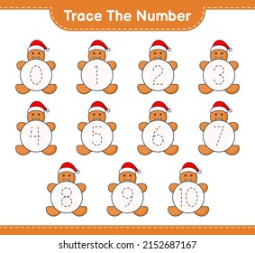 Trace the number. Tracing number with Gingerbread Man. Educational children game, printable worksheet, vector illustration