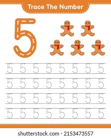 Trace the number. Tracing number with Gingerbread Man. Educational children game, printable worksheet, vector illustration