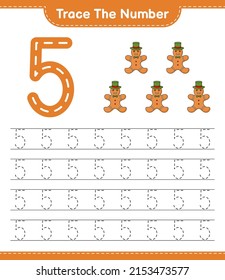 Rastrear el número. Número de seguimiento con Gingerbread Man. Juego infantil educativo, hoja de cálculo imprimible, ilustración vectorial