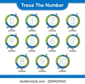 Trace the number. Tracing number with Globe. Educational children game, printable worksheet, vector illustration