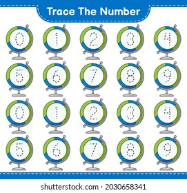 Trace the number. Tracing number with Globe. Educational children game, printable worksheet, vector illustration